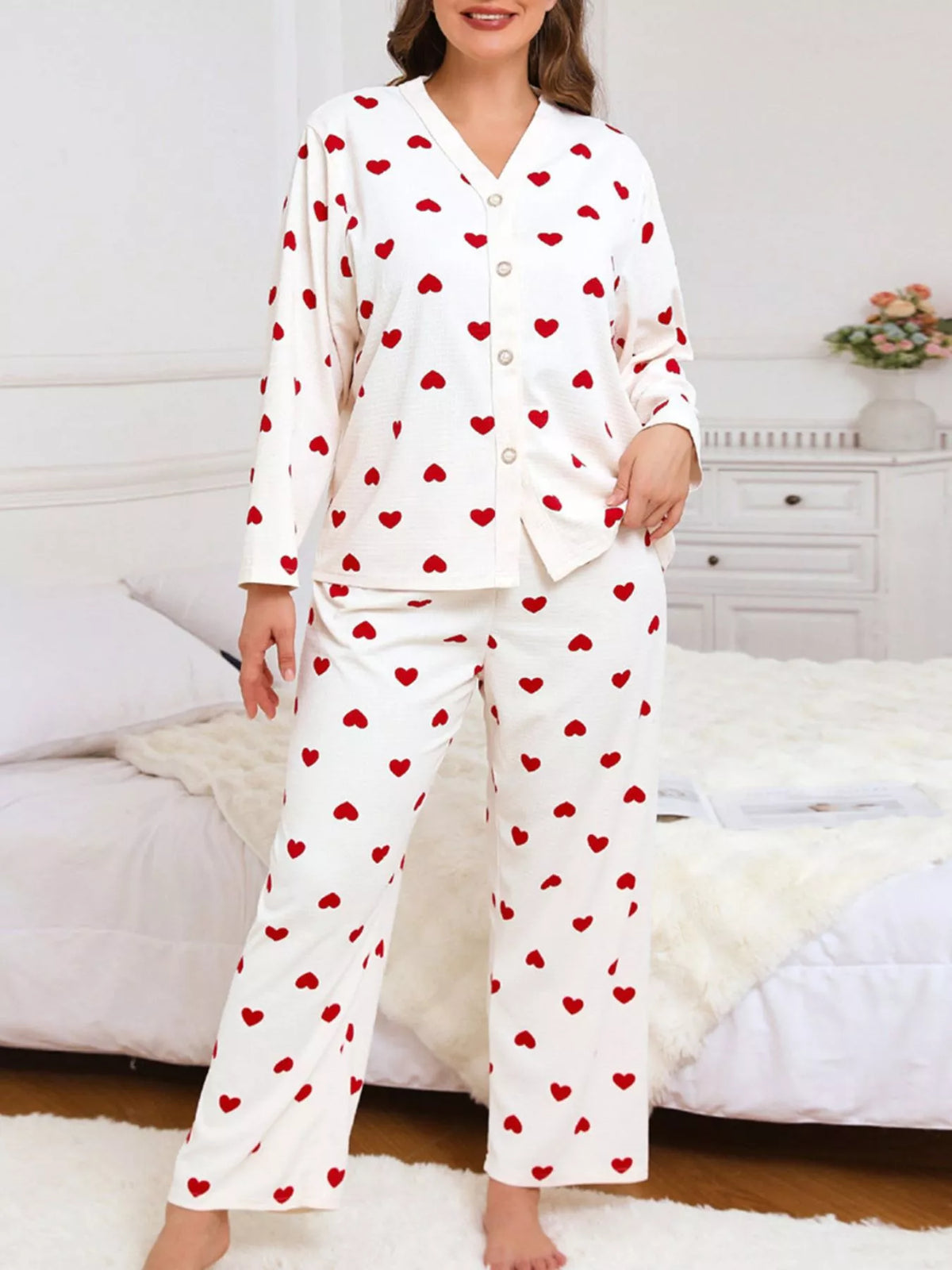 Plus Size Heart Print Button-Down Top and Pants Set