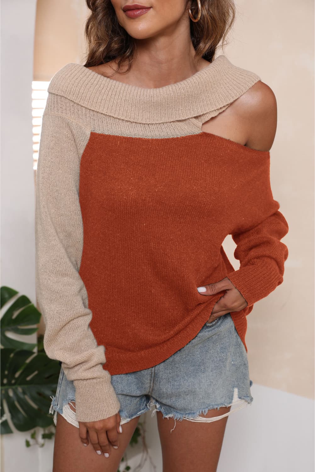Asymmetrical Long Sleeve Two-Tone Cutout Sweater, view 7