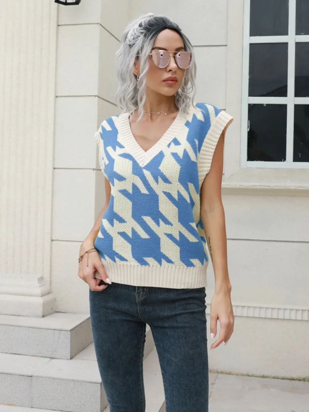 Houndstooth V-Neck Sweater Vest, view 3
