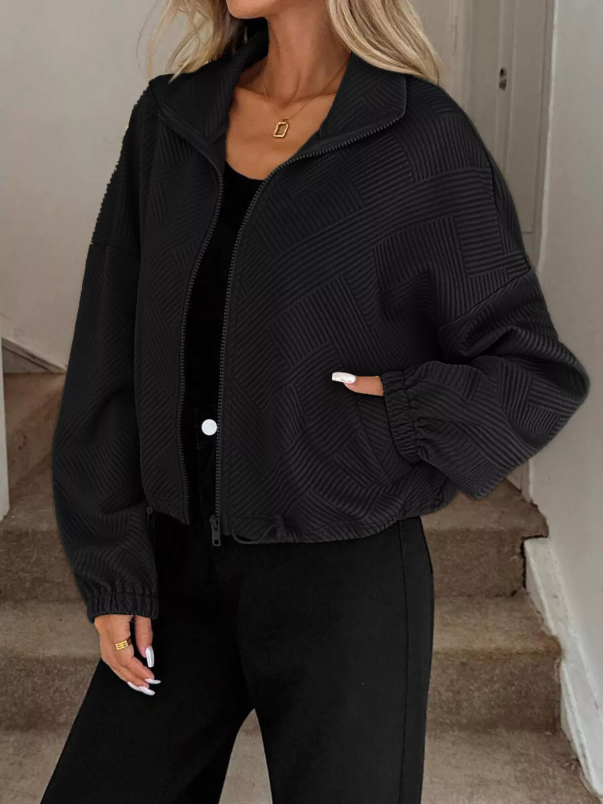Drawstring Hem Textured Long Sleeve Jacket, view 9
