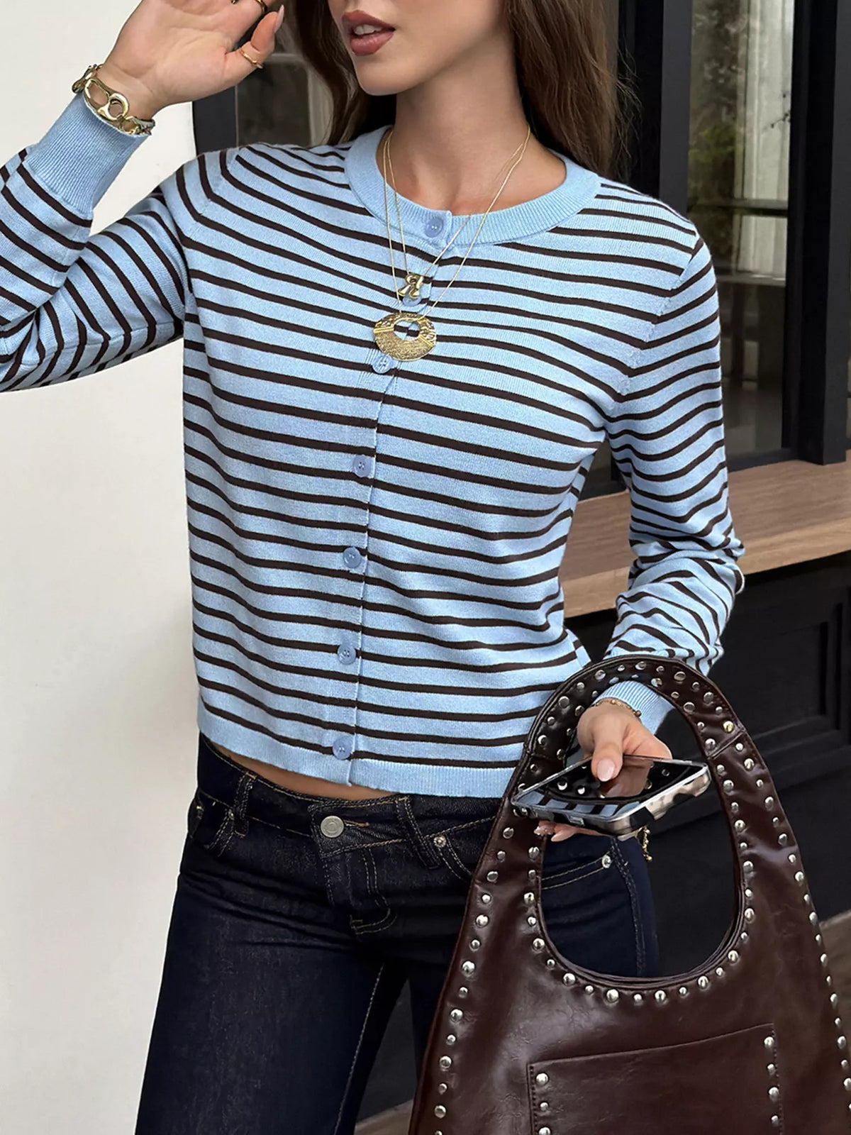 Striped Crew Neck Button-Down Cardigan - Lilixa.store