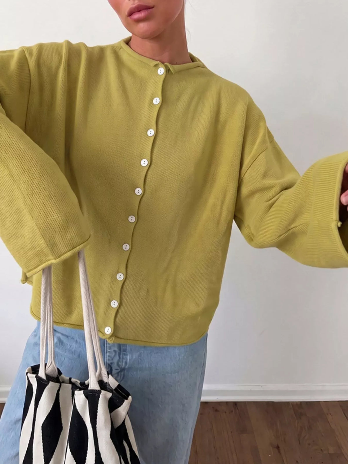 Mock Neck Button-Down Knit Cardigan in Chartreuse