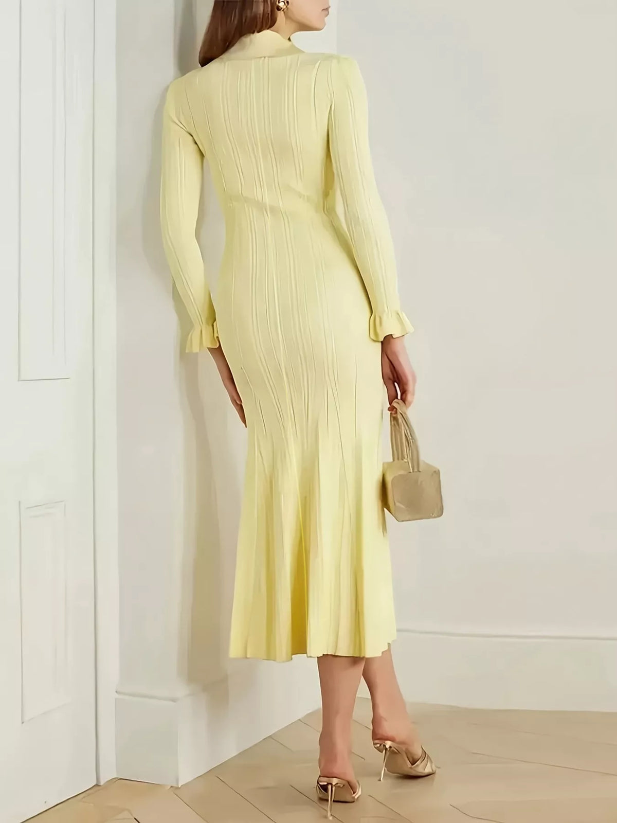 Button-Down Flounce Sleeve Sweater Dress in Pastel Yellow, view 2