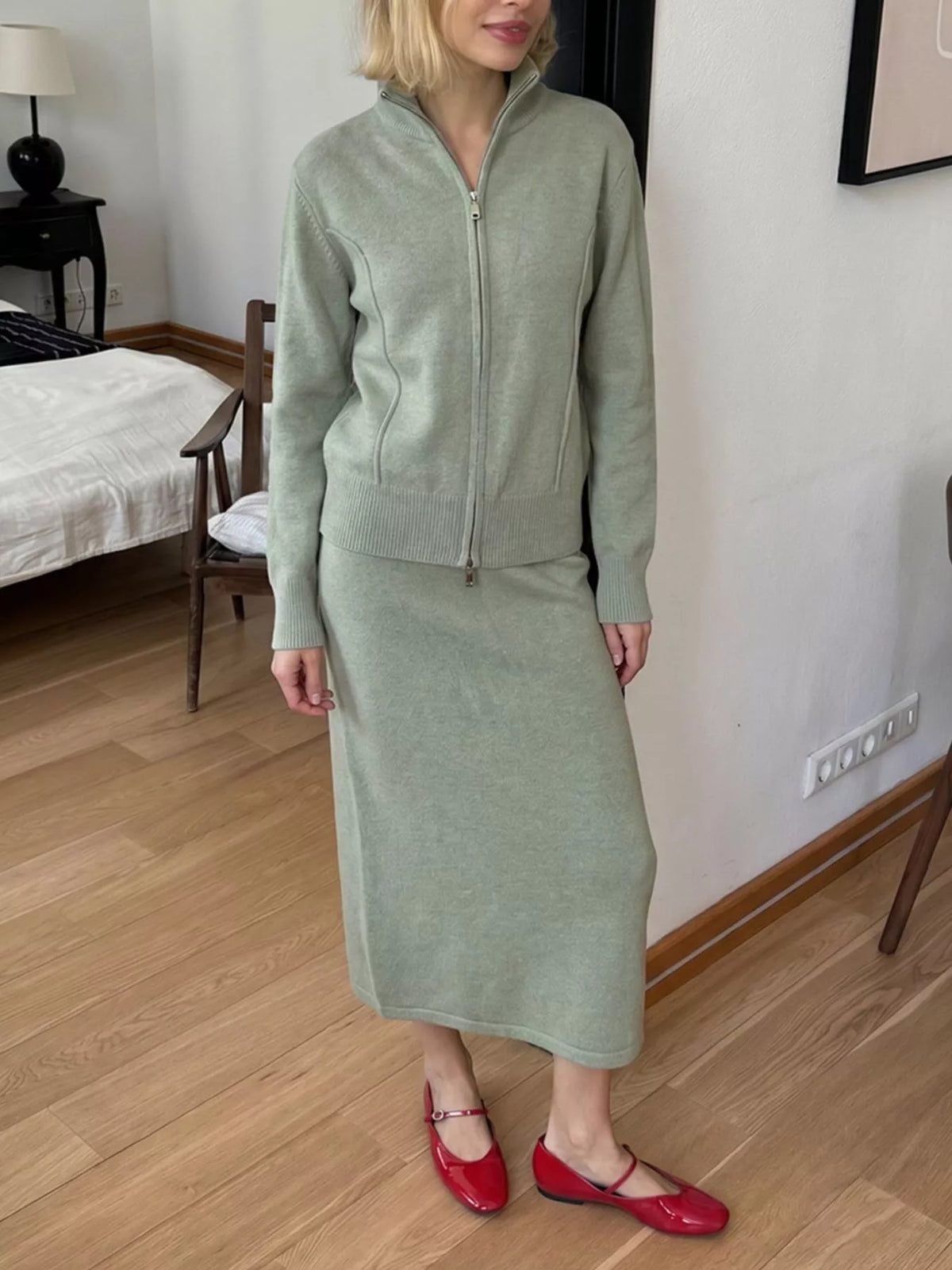 Zip-Up Mock Neck Cardigan and Matching Midi Skirt Sweater Set, view 11