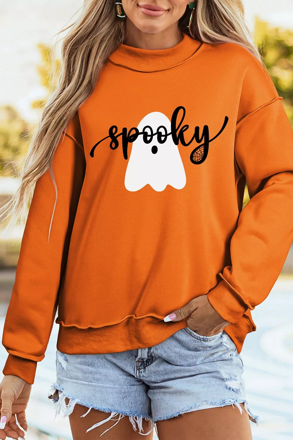 Ghost/ BOO Reversible Print Mock Neck Casual Sweatshirt - Lilixa.store