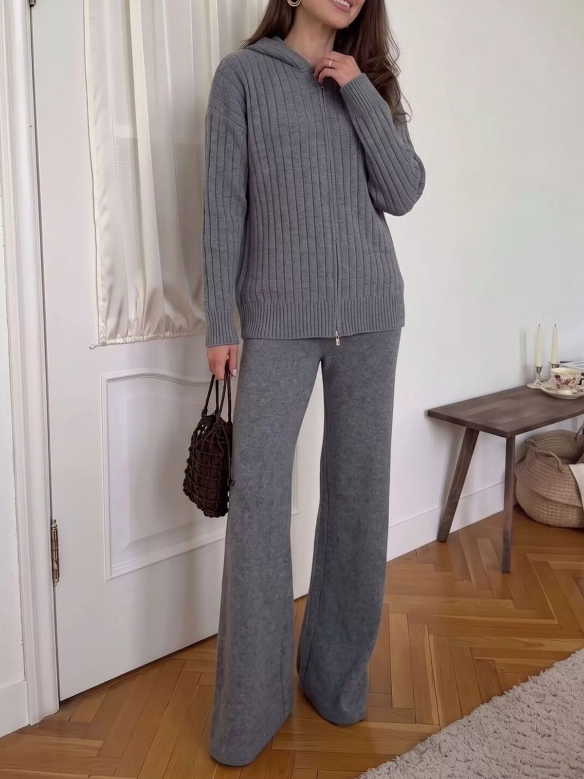 Cozy Ribbed Knit Zip-Up Hoodie and Wide-Leg Pants Sweater Set, view 8
