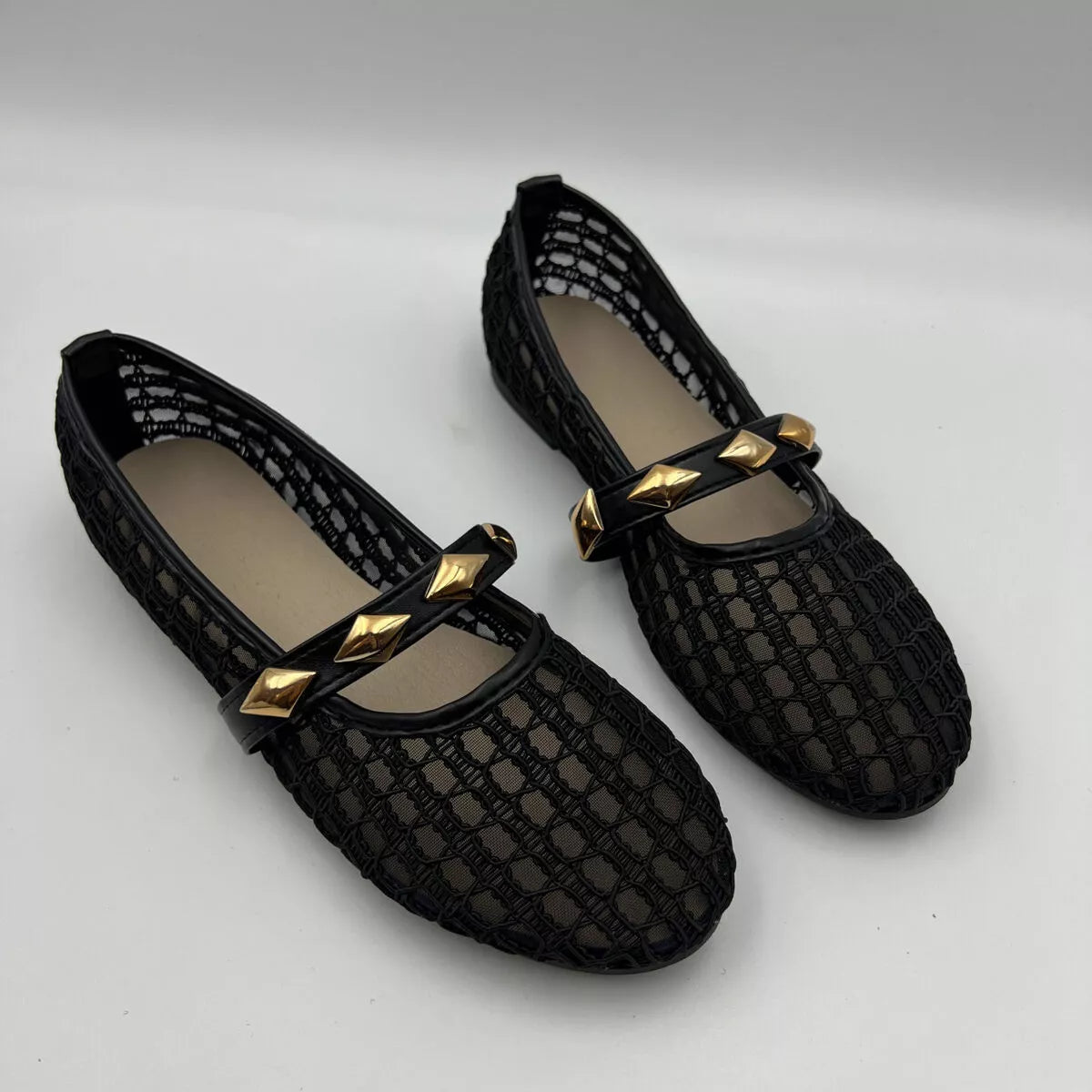 Breathable Mesh Loafers with Decorative Gold Studded Straps, view 2