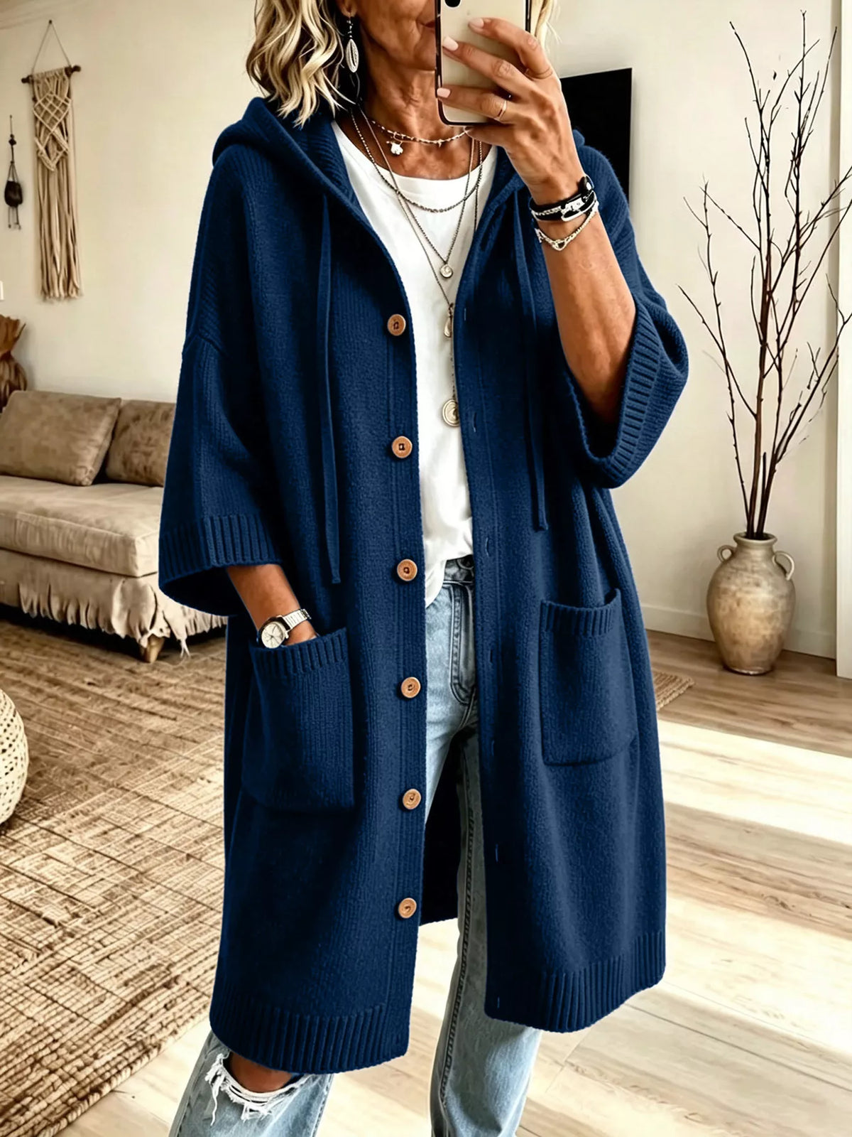 Hooded Button-Down Knit Cardigan with Pockets in Navy