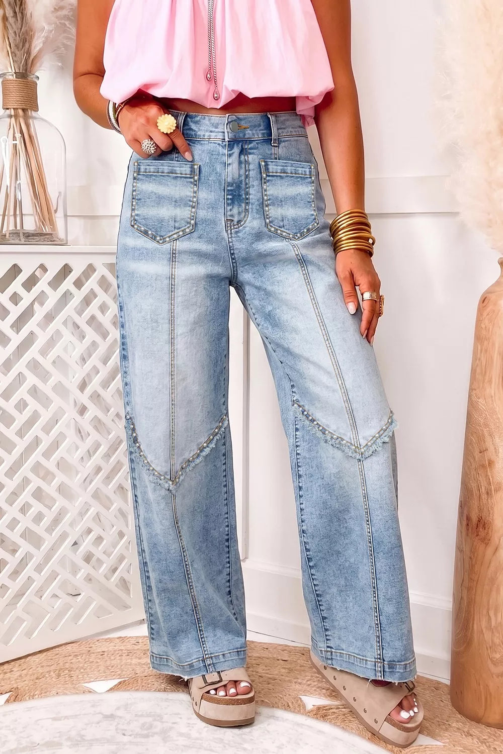 Studded Detail Wide-Leg Jeans - Lilixa.store