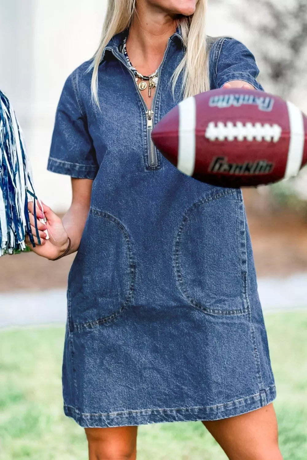 Zip Up Collared Short Sleeve Shift Mini Denim Dress - Lilixa.store