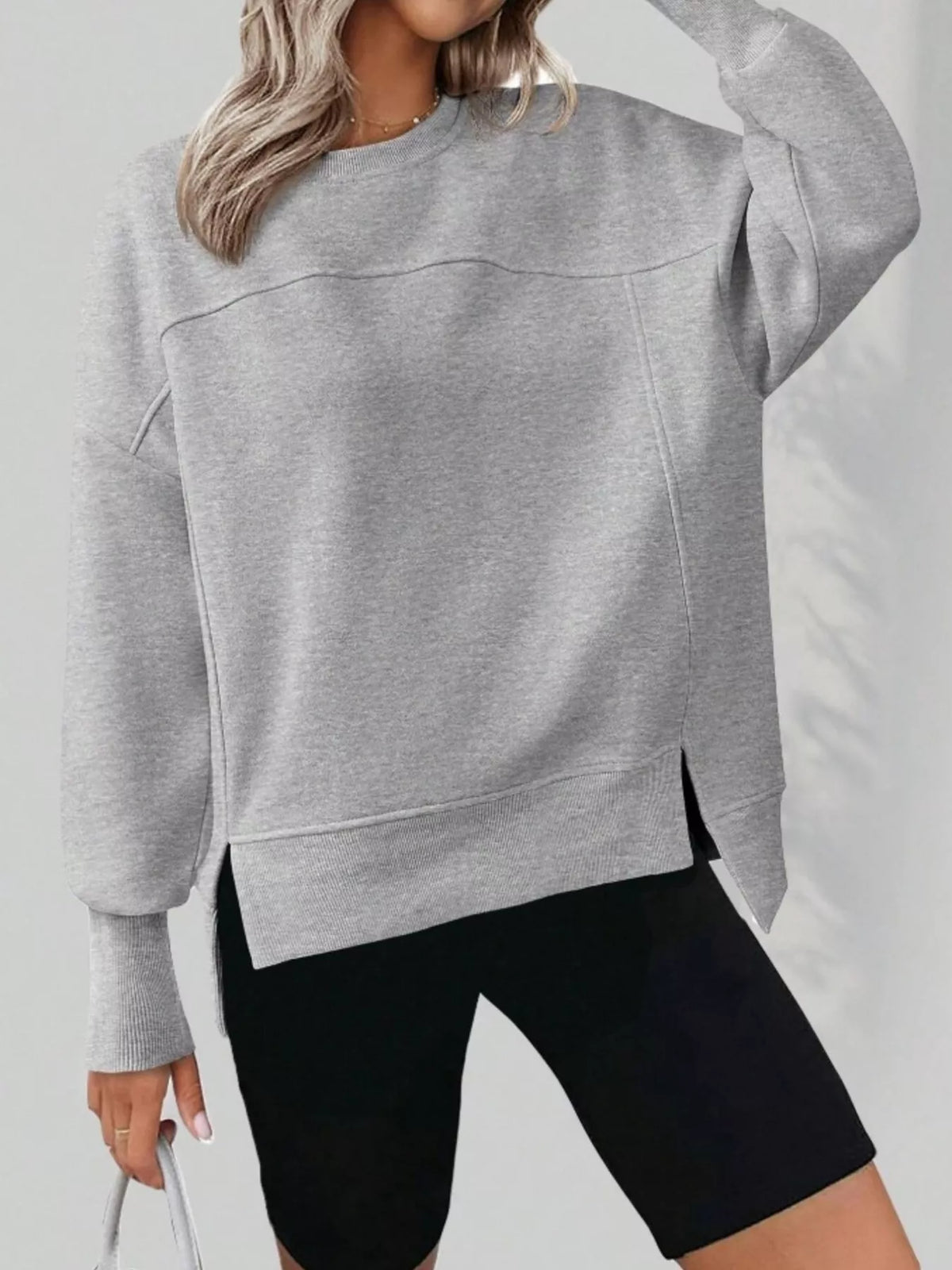 Slit Round Neck Dropped Shoulder Sweatshirt - Lilixa.store