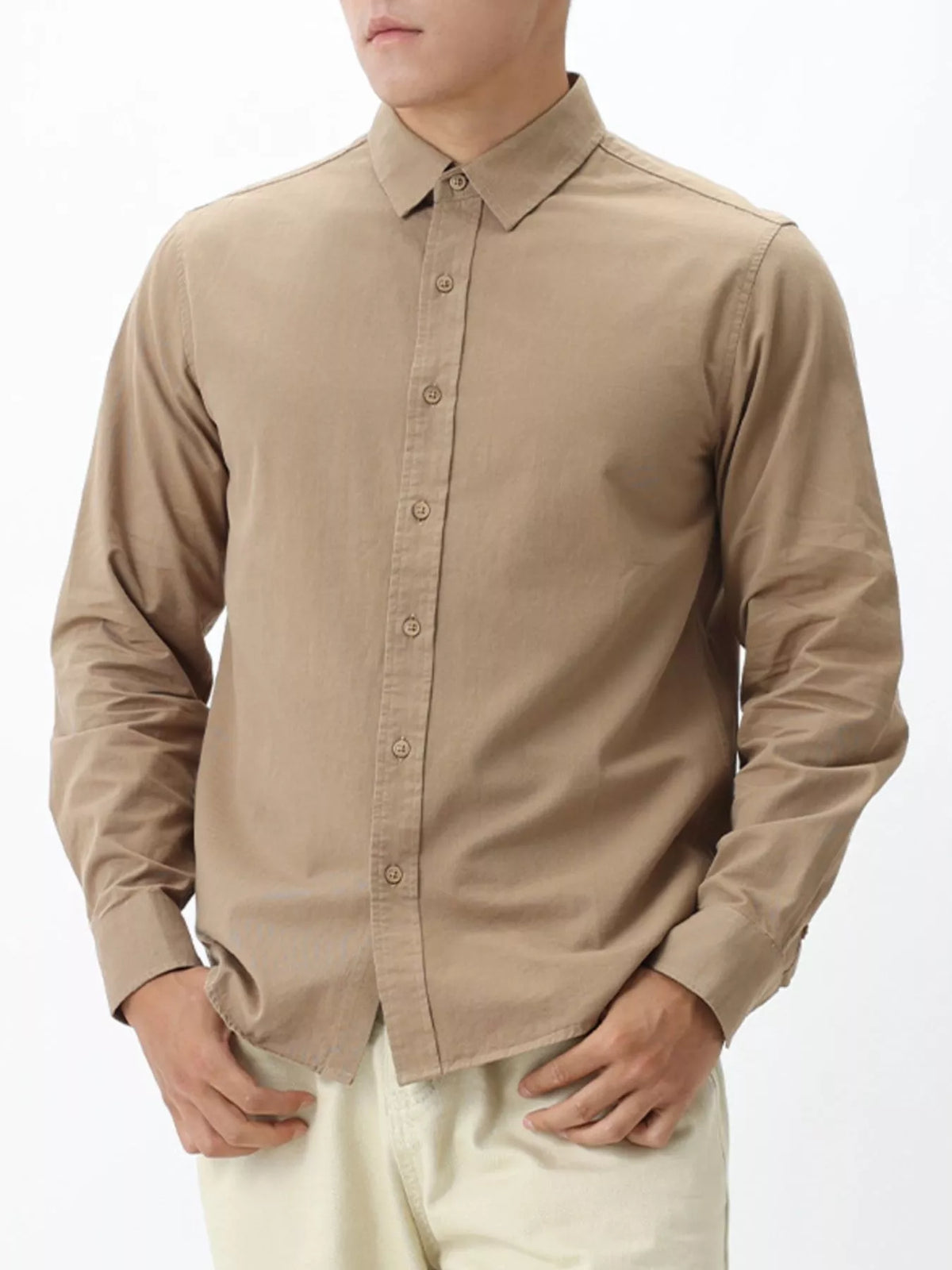 Men's Plus Size Long-Sleeve Button-Down Shirt in Khaki