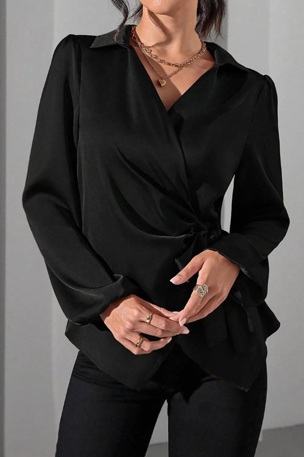 Satin Tied Detail Long Sleeve Blouse, view 15
