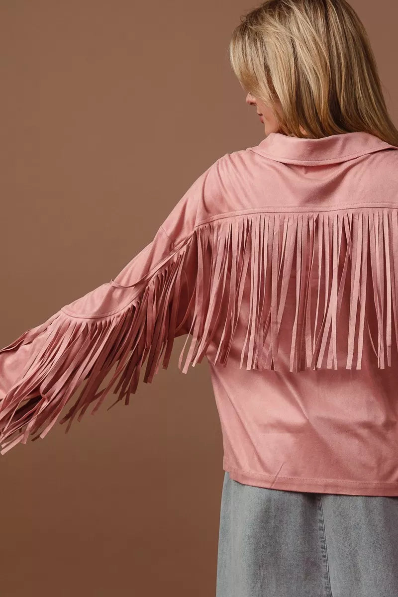 BiBi Suede Fringe Long Sleeve Jacket in Blush, view 8