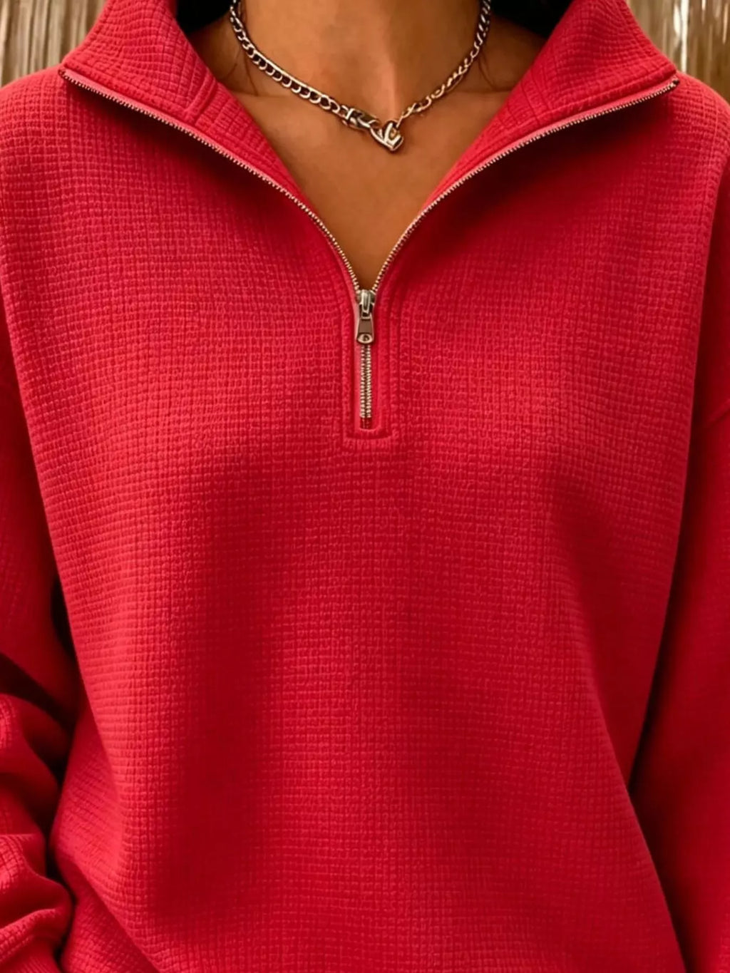 Full Size Waffle Knit Quarter-Zip Sweatshirt Plus Size - Lilixa.store