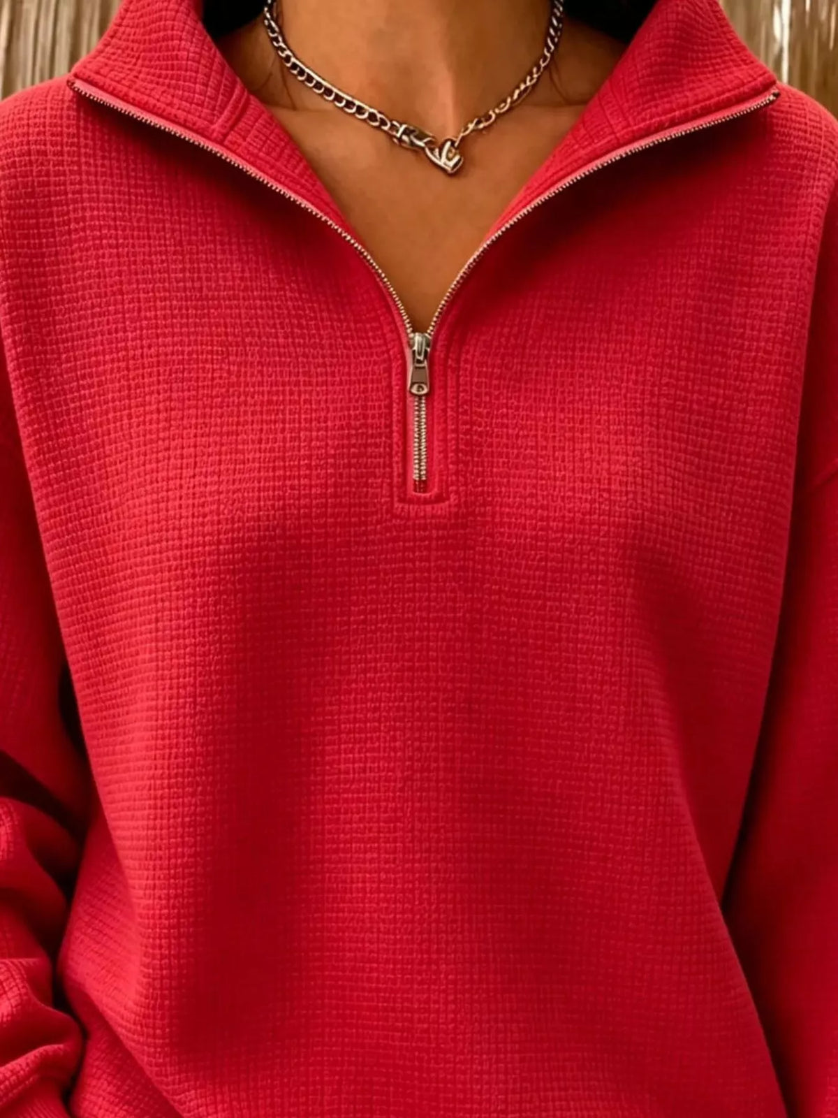 Full Size Waffle Knit Quarter-Zip Sweatshirt Plus Size - Lilixa.store