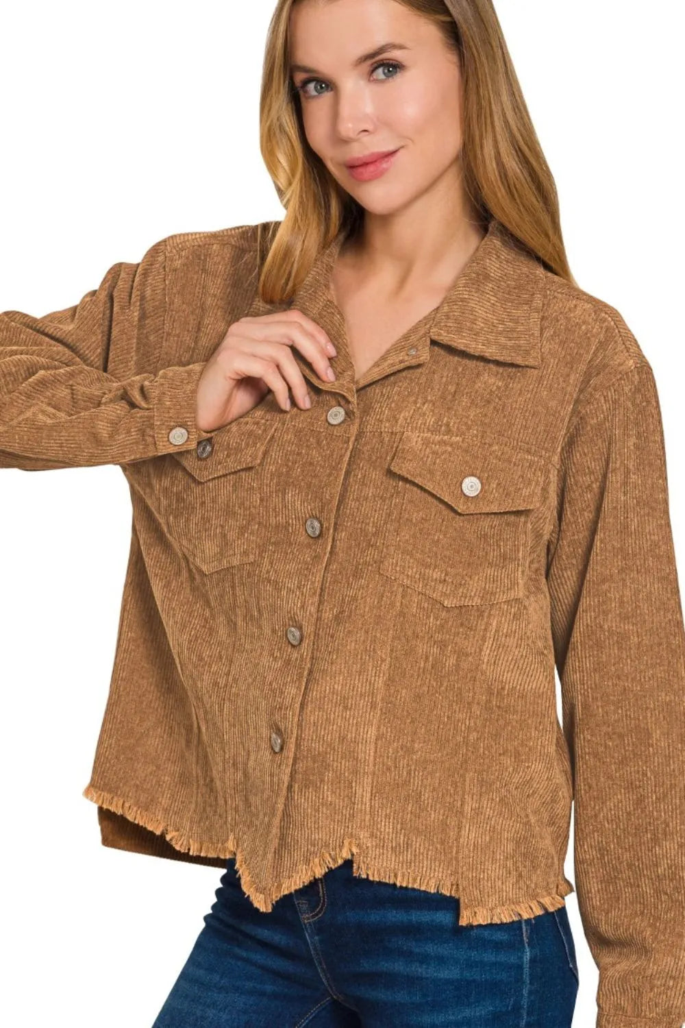 Zenana Distressed Corduroy Frayed Hem Cropped Jacket in Deep Camel