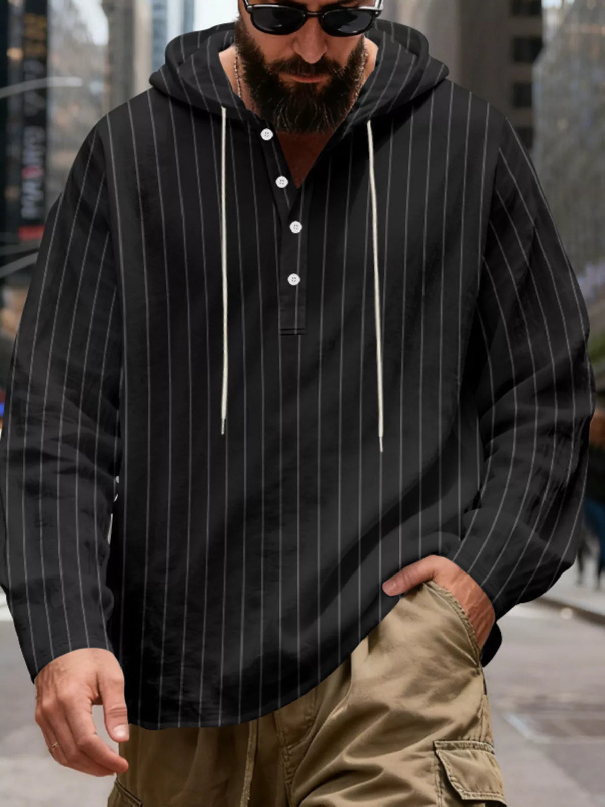 Men's Full Size Casual Striped Henley Hoodie with Drawstring Plus Size in Black