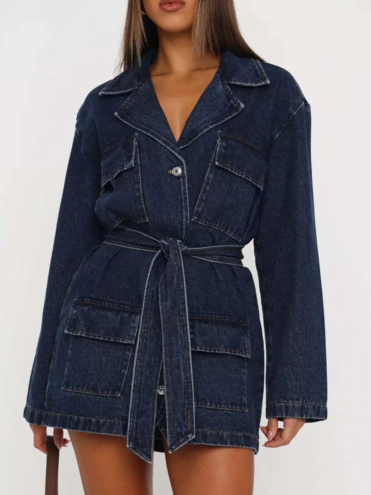 Long Sleeve Longline Denim Jacket with Belt in Dark Blue, view 2