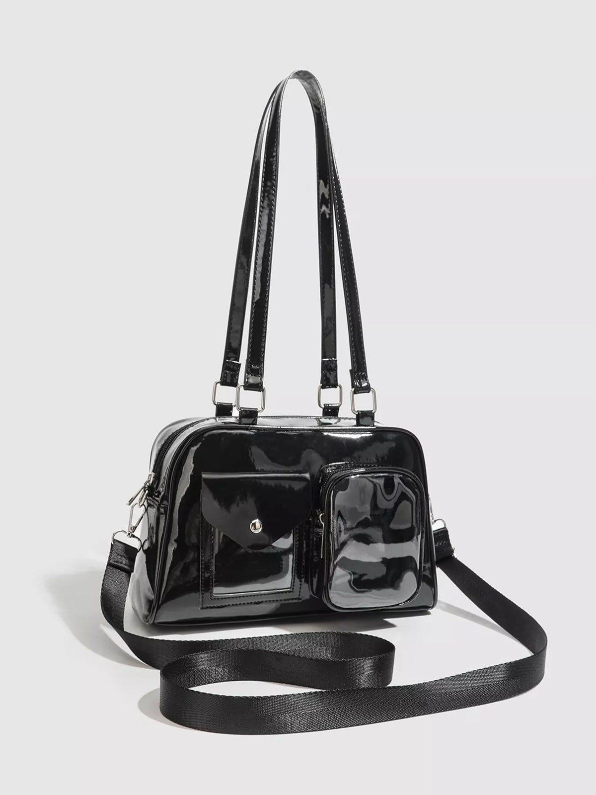 Glossy Patent Leather Multi-Pocket Shoulder Bag in Black, view 3