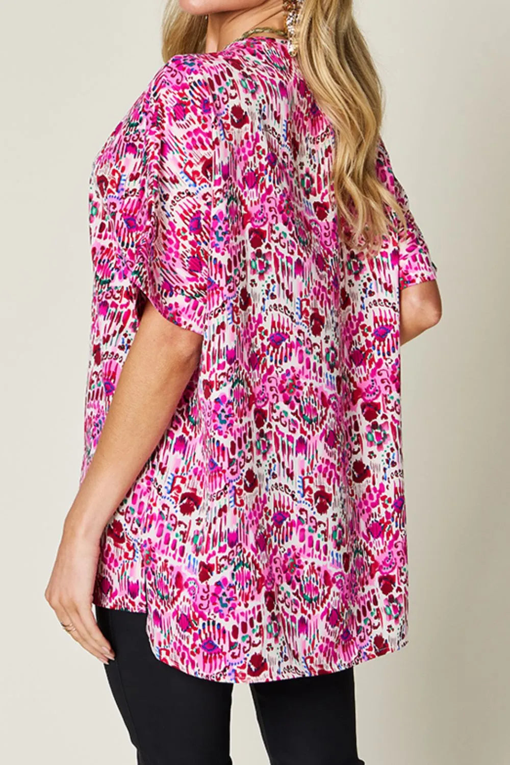 Double Take Full Size Printed V-Neck Short Sleeve Blouse, view 4