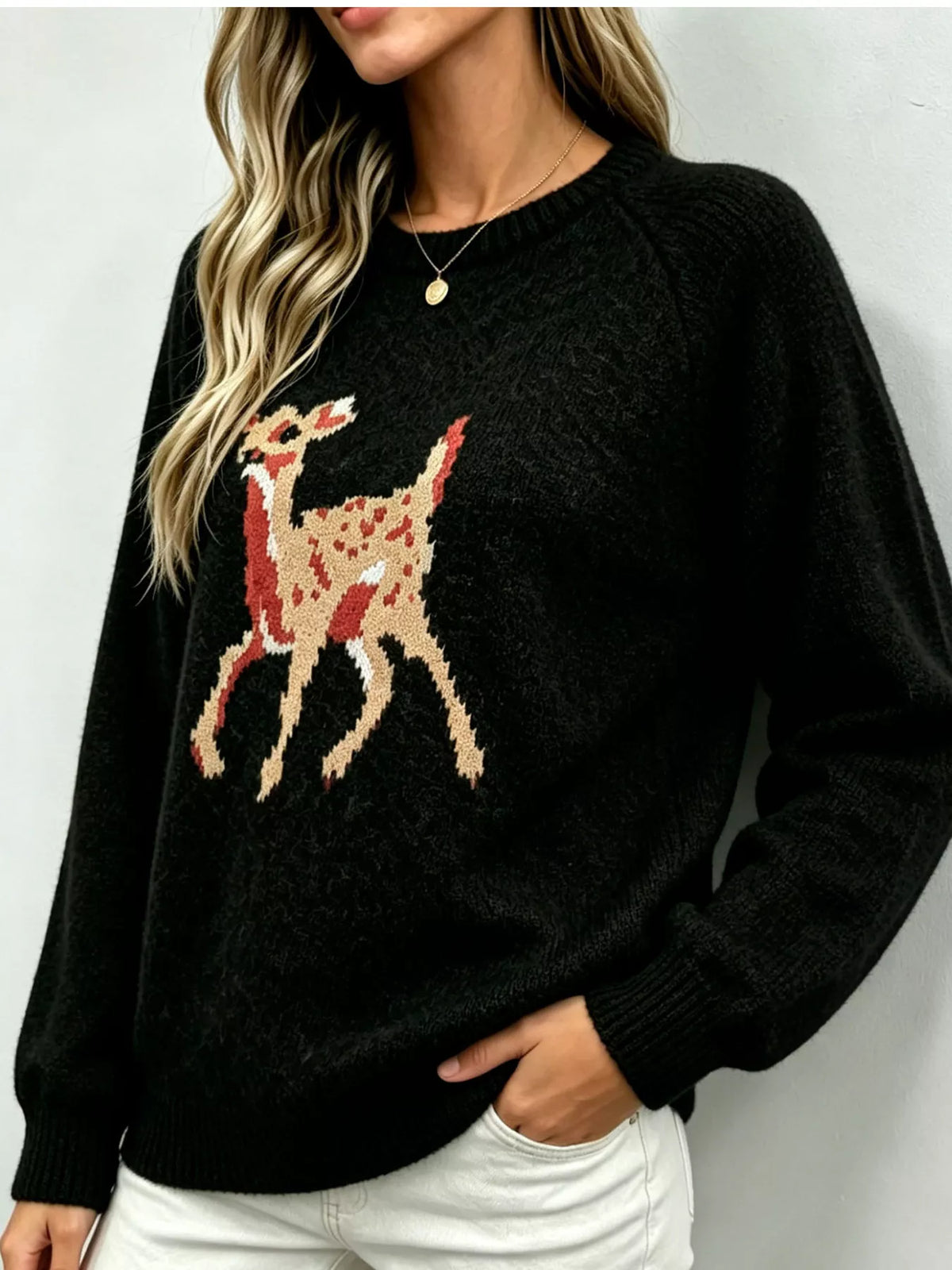 Deer Pattern Raglan Sleeve Sweater - Lilixa.store