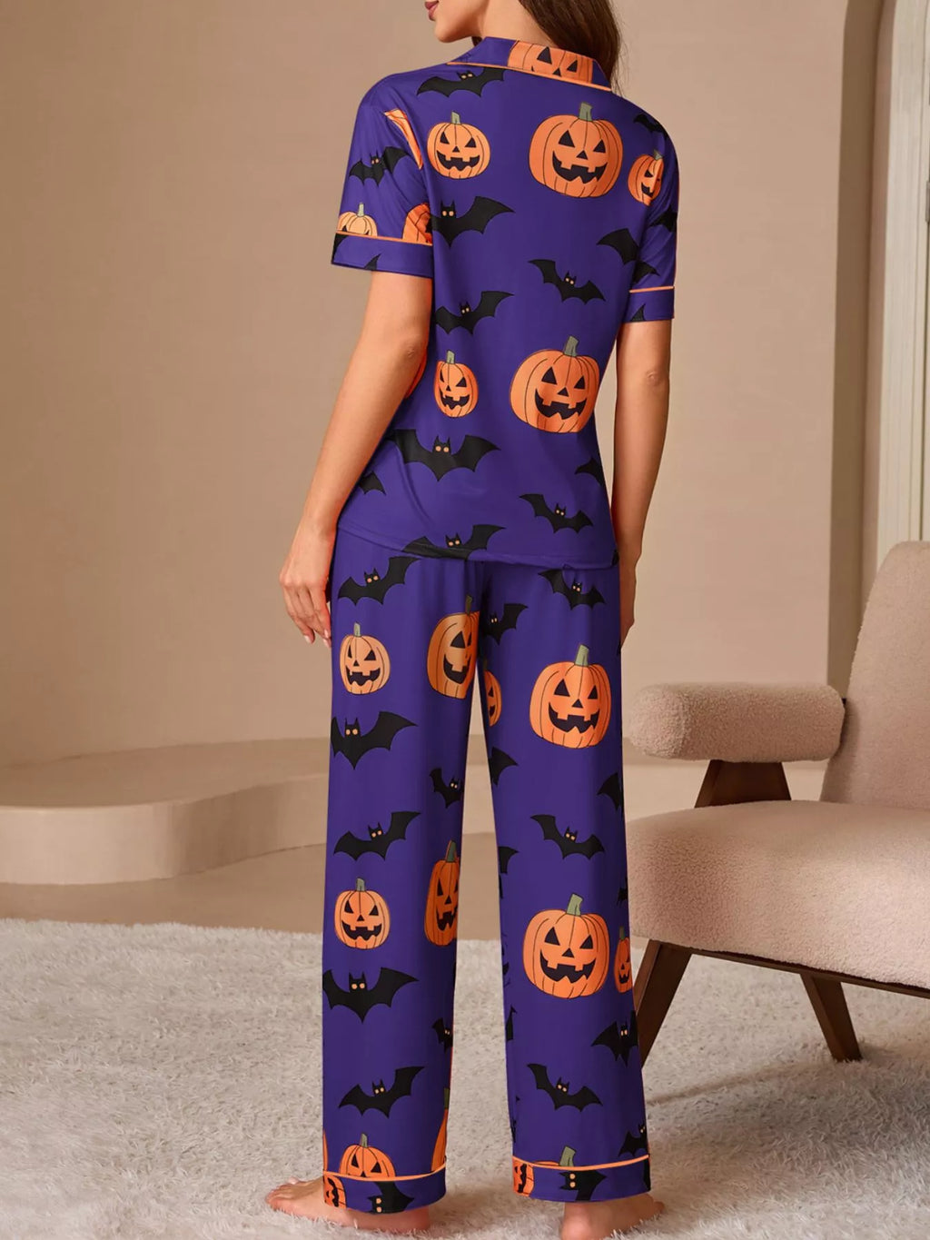 Halloween Pumpkin and Bat Print Button-Down Top and Pants Lounge Set - Lilixa.store