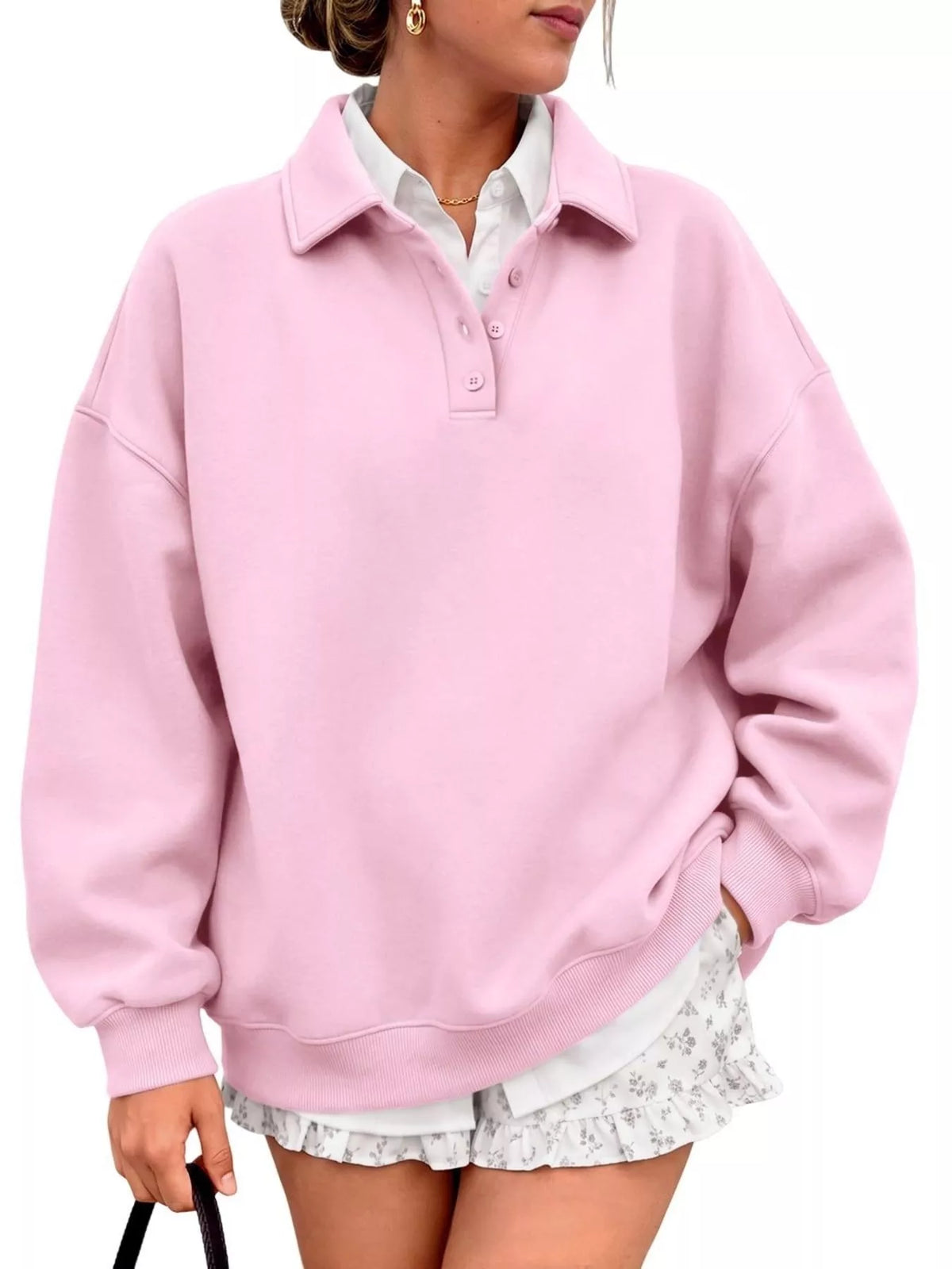 Button Detail Dropped Shoulder Sweatshirt - Lilixa.store