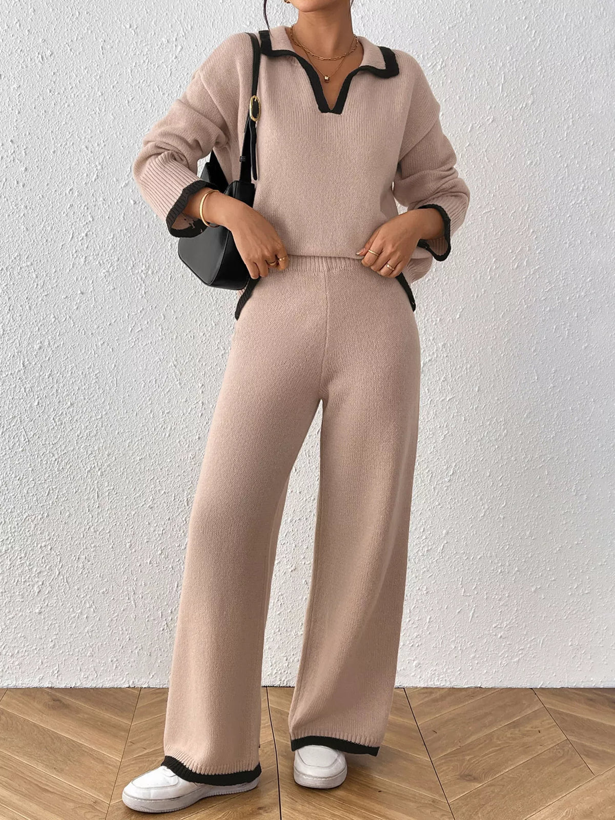Contrast Trim Polo Collar Top and Pants Sweater Set - Lilixa.store