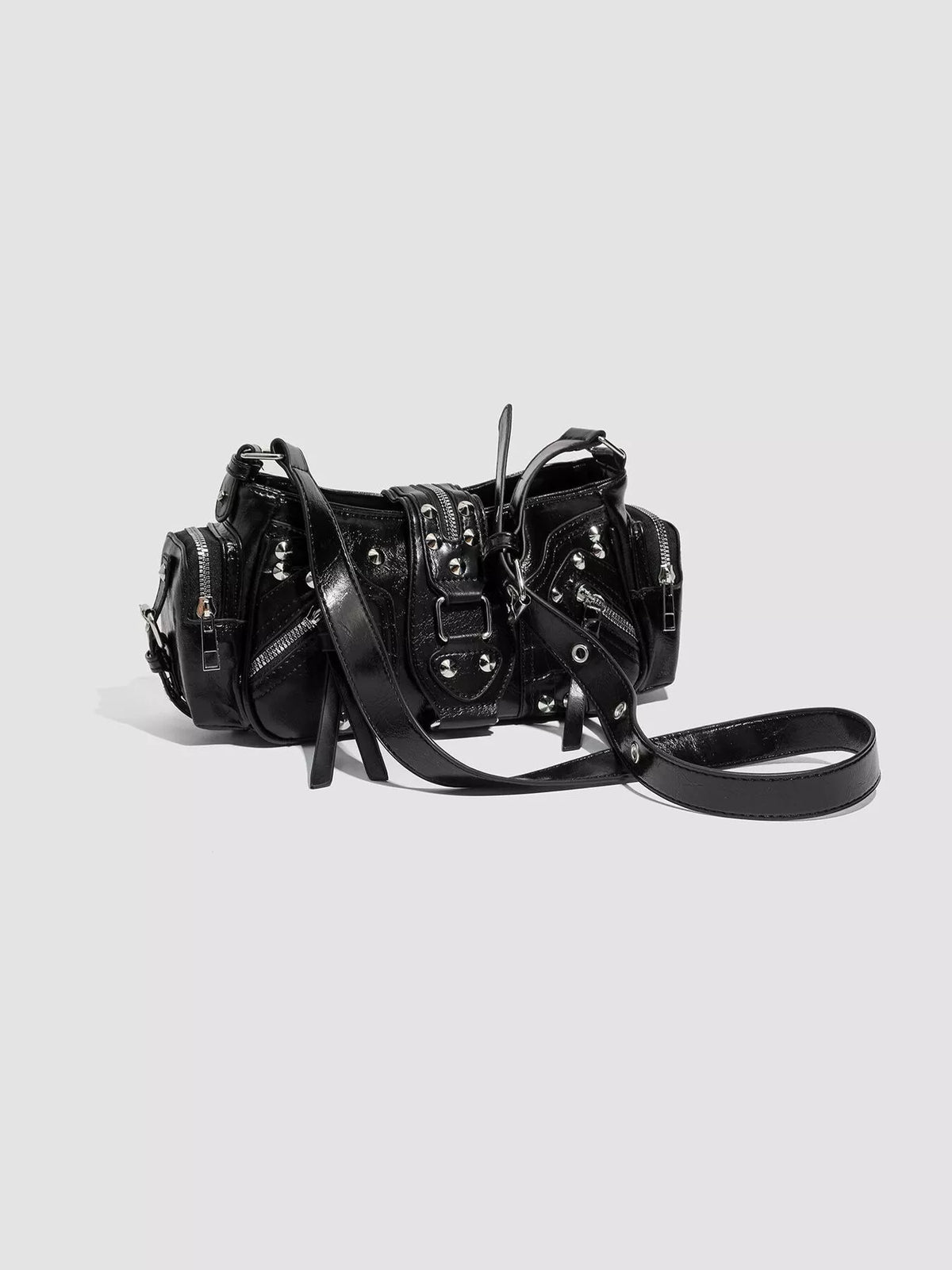 Y2K Style Rivet Embellished Patent Leather Shoulder Bag in Black, view 5