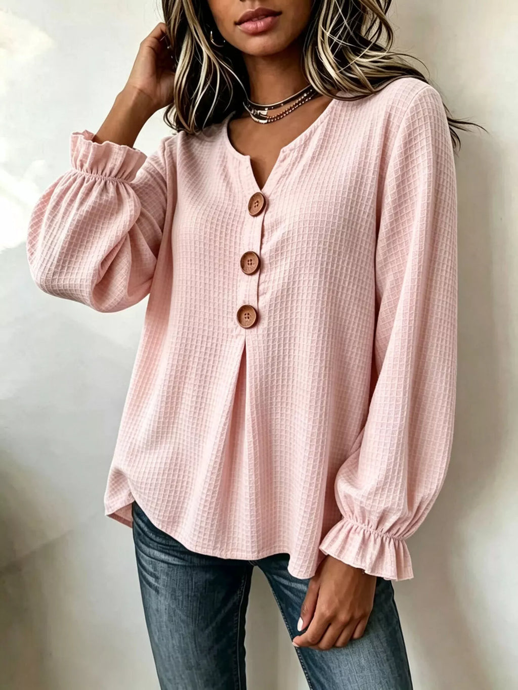 Waffle Knit Long Sleeve Top - Lilixa.store