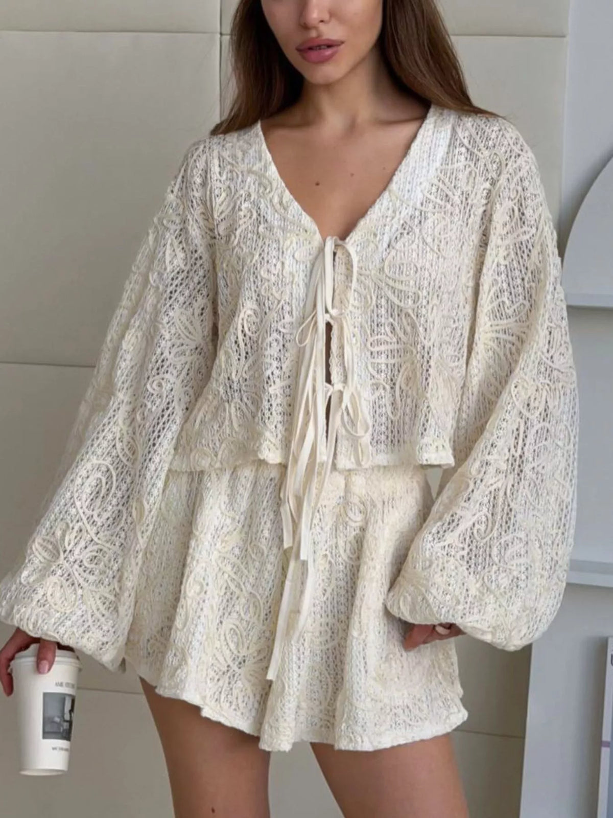 Lace Crochet Tie Front Top and Shorts Two-Piece Lounge Set - Lilixa.store