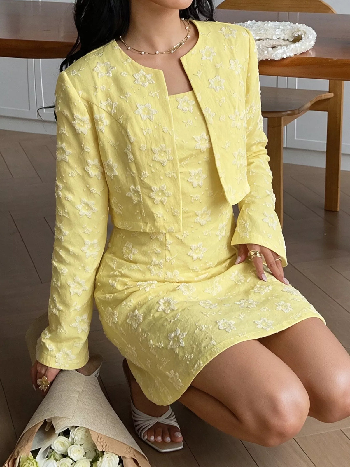 Textured Cropped Dress and Cardigan Two-Piece Set