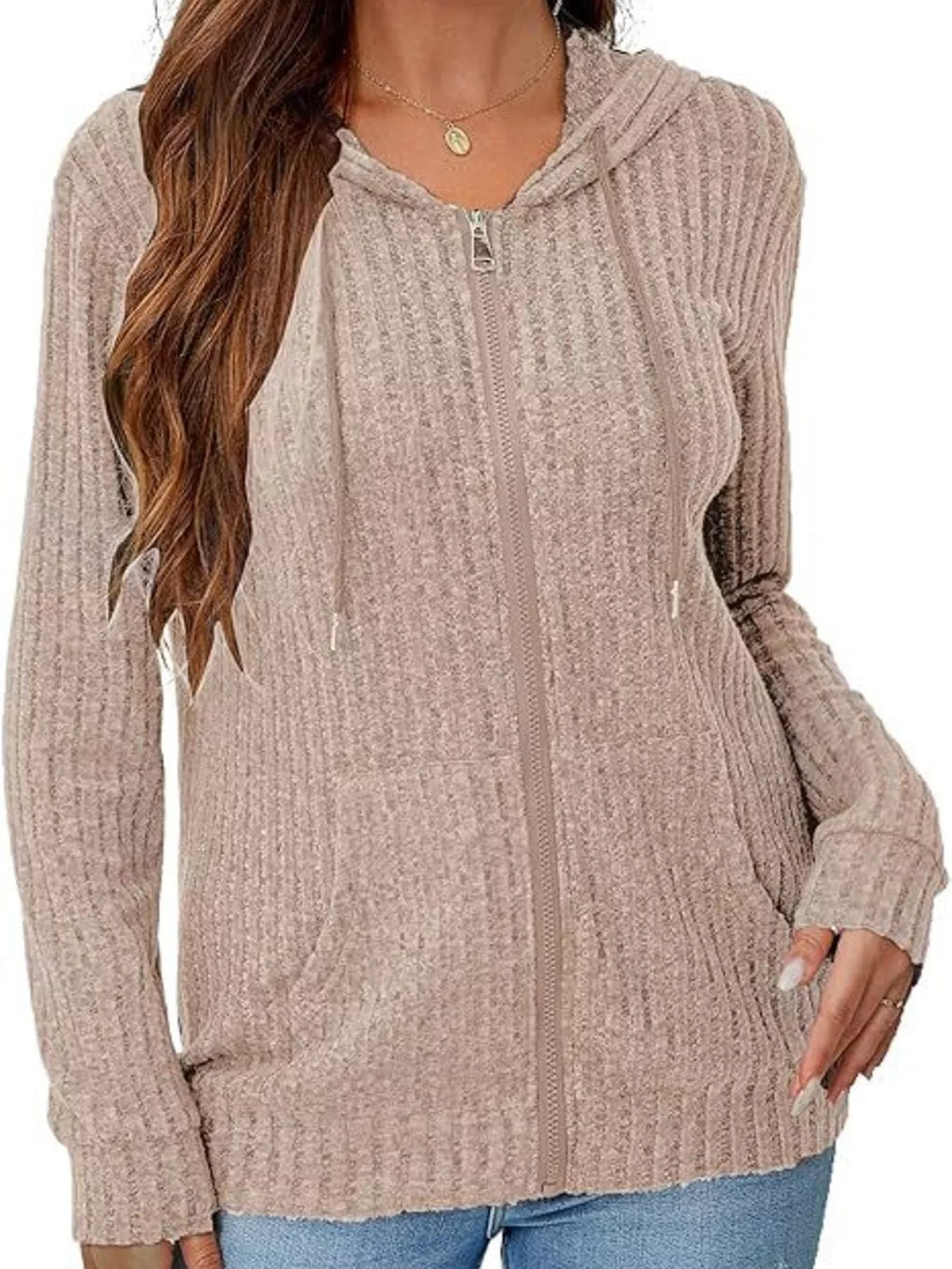 Ribbed Zip Up Hooded Outerwear - Lilixa.store