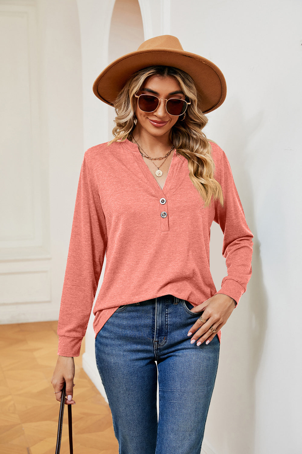 Buttoned Notched Neck Long Sleeve Top in Coral