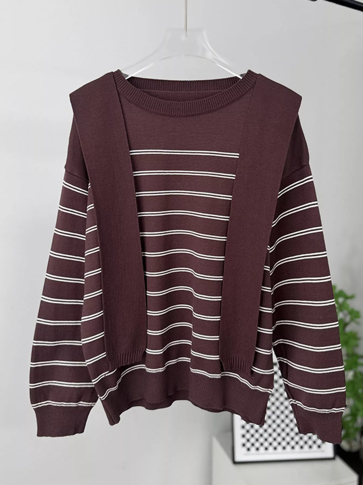 Classic Striped Crewneck Knit Top with Layered Sweater Detail, view 23