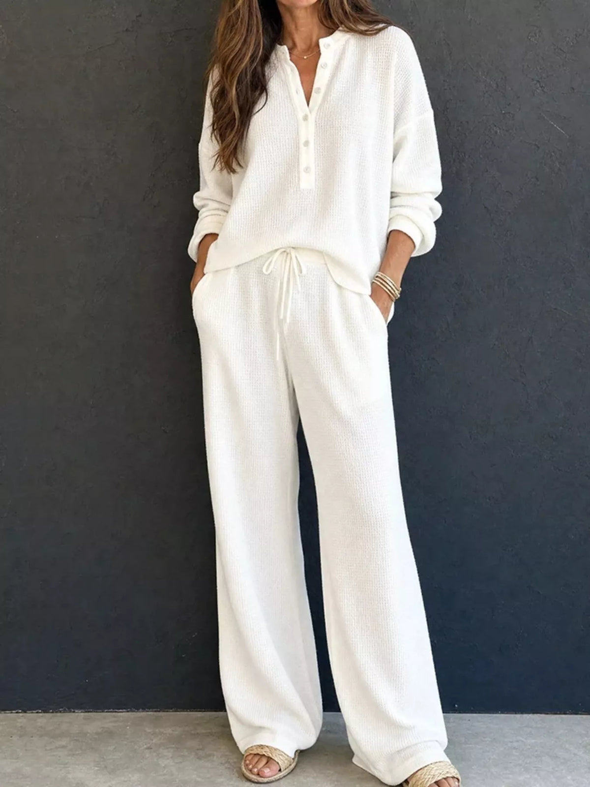 Waffle Knit Henley Top and Wide Leg Pants Set - Lilixa.store