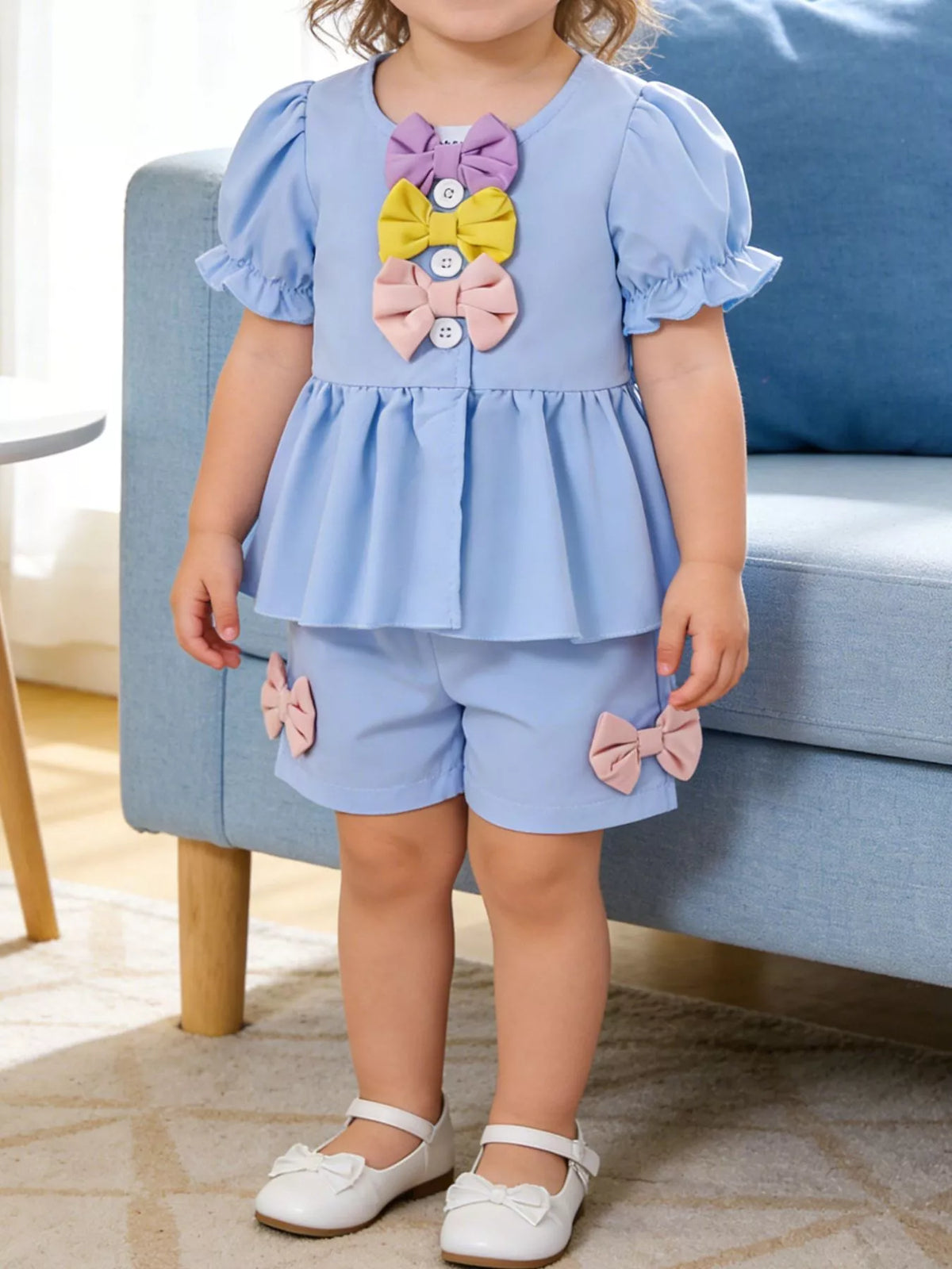 Children's Bow Puff Sleeve Top and Shorts Set - Lilixa.store
