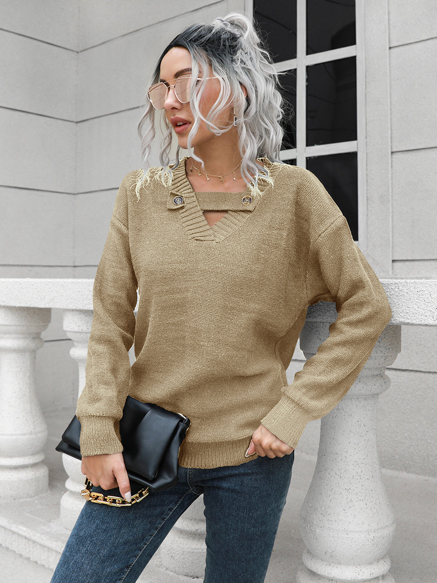 Dropped Shoulder Button Detail Sweater in Khaki