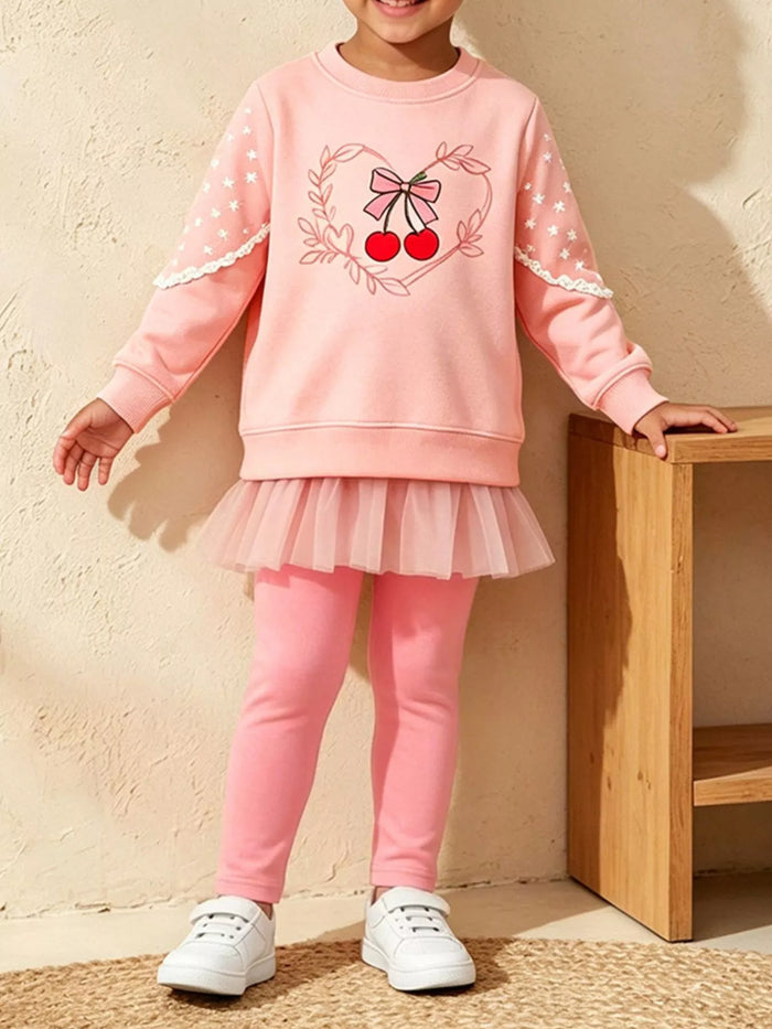 Children's Cherry Graphic Tulle Sweatshirt and Leggings Set in Blush Pink