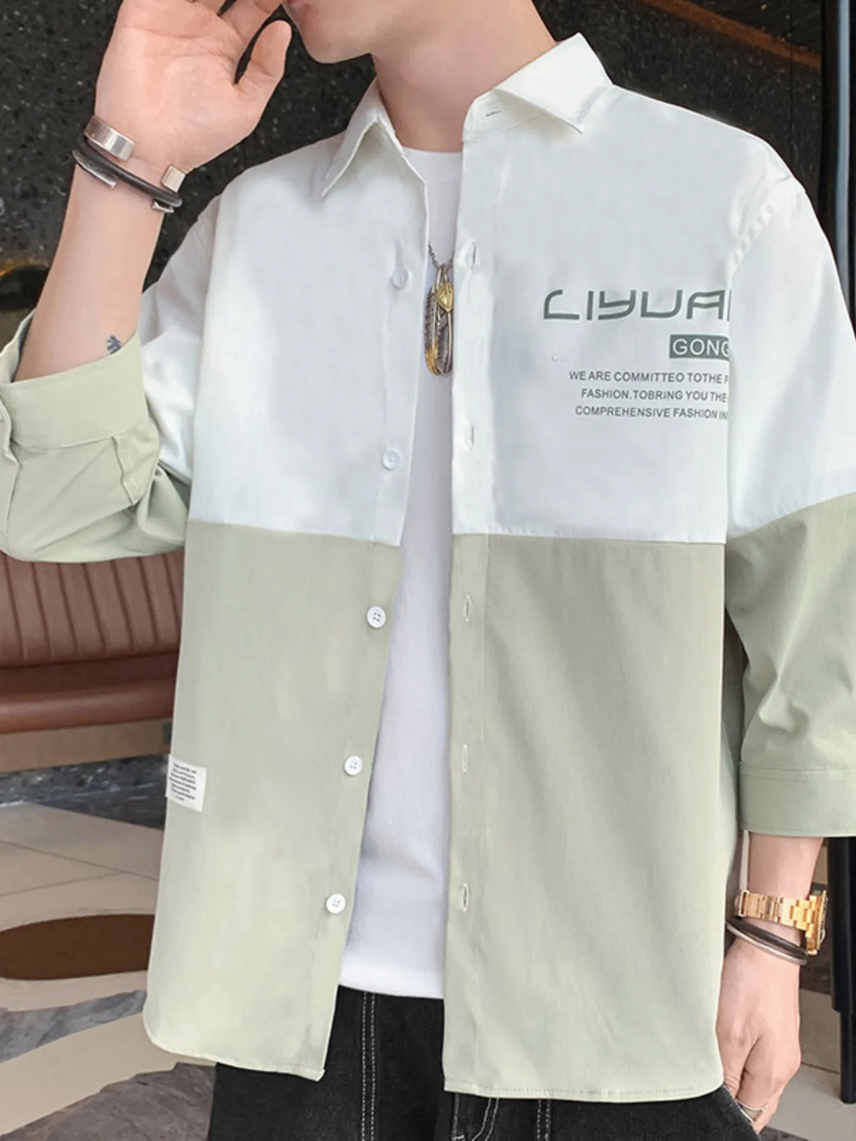 Men's Two Tone Button Down Shirt Plus Size in White Green