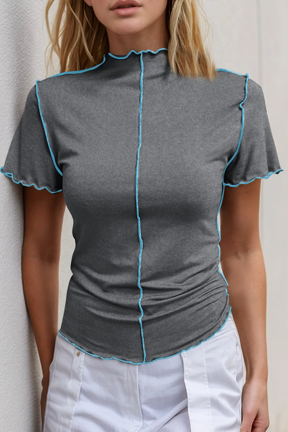 Basic Bae Mock Neck Wave Edge Contrast Stitching Ruffle Short Sleeve Slim Fit Casual Top - Lilixa.store