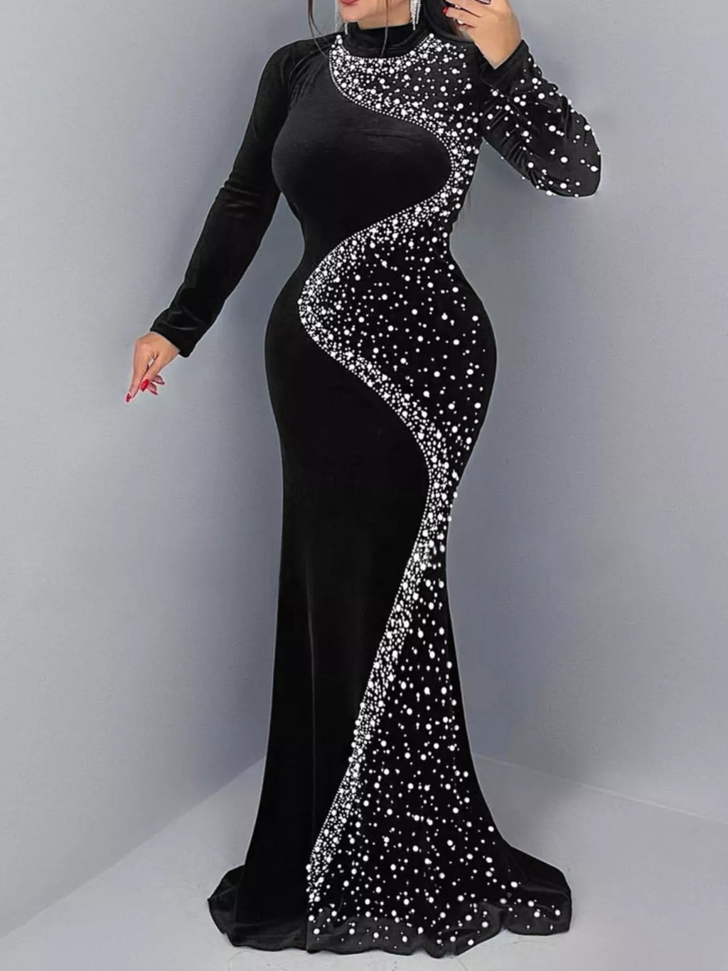 Rhinestone Embellished Velvet Mermaid Evening Maxi Dress - Lilixa.store