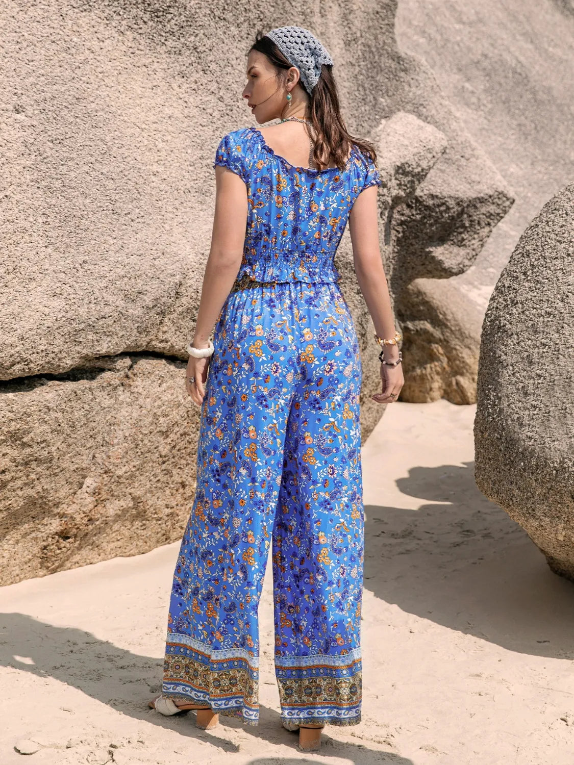 Printed V-Neck Top and Pants Set - Lilixa.store