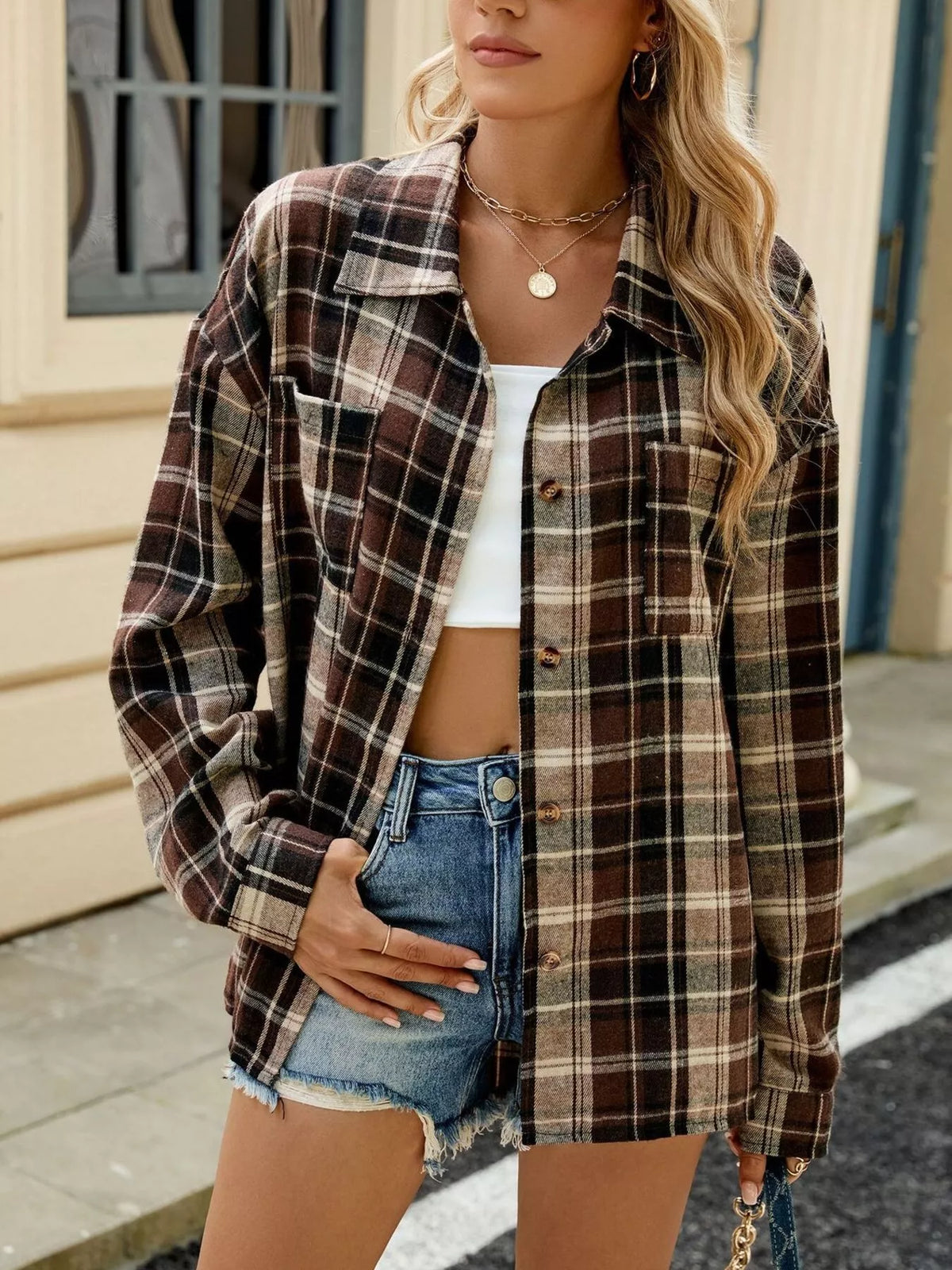 Plaid Button Up Shirt in Dark Brown
