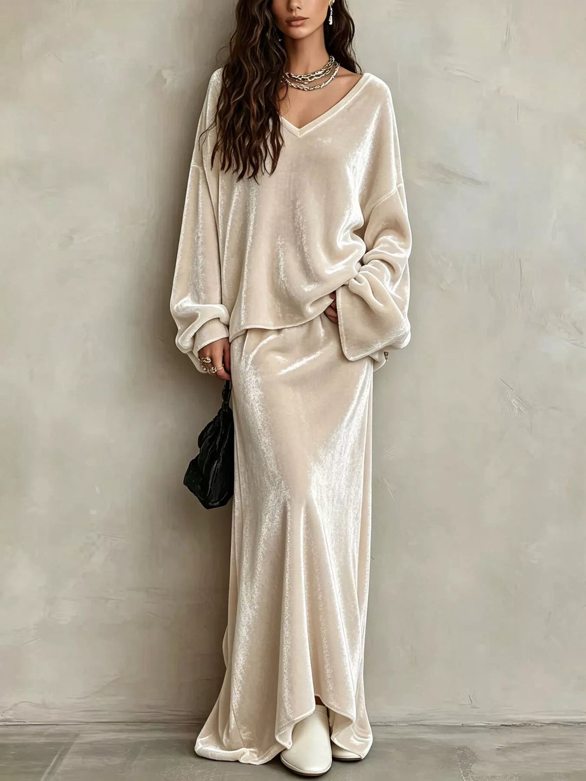 V-Neck Velvet Long Sleeve Top and Maxi Skirt Two-Piece Set