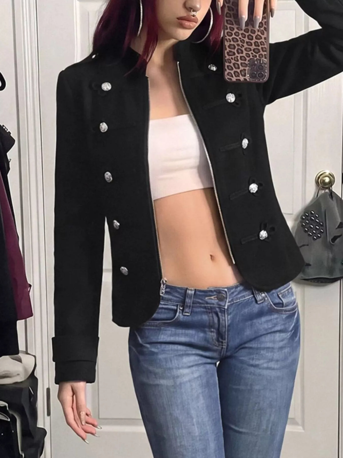 Decorative Button Zip Up Outerwear - Lilixa.store