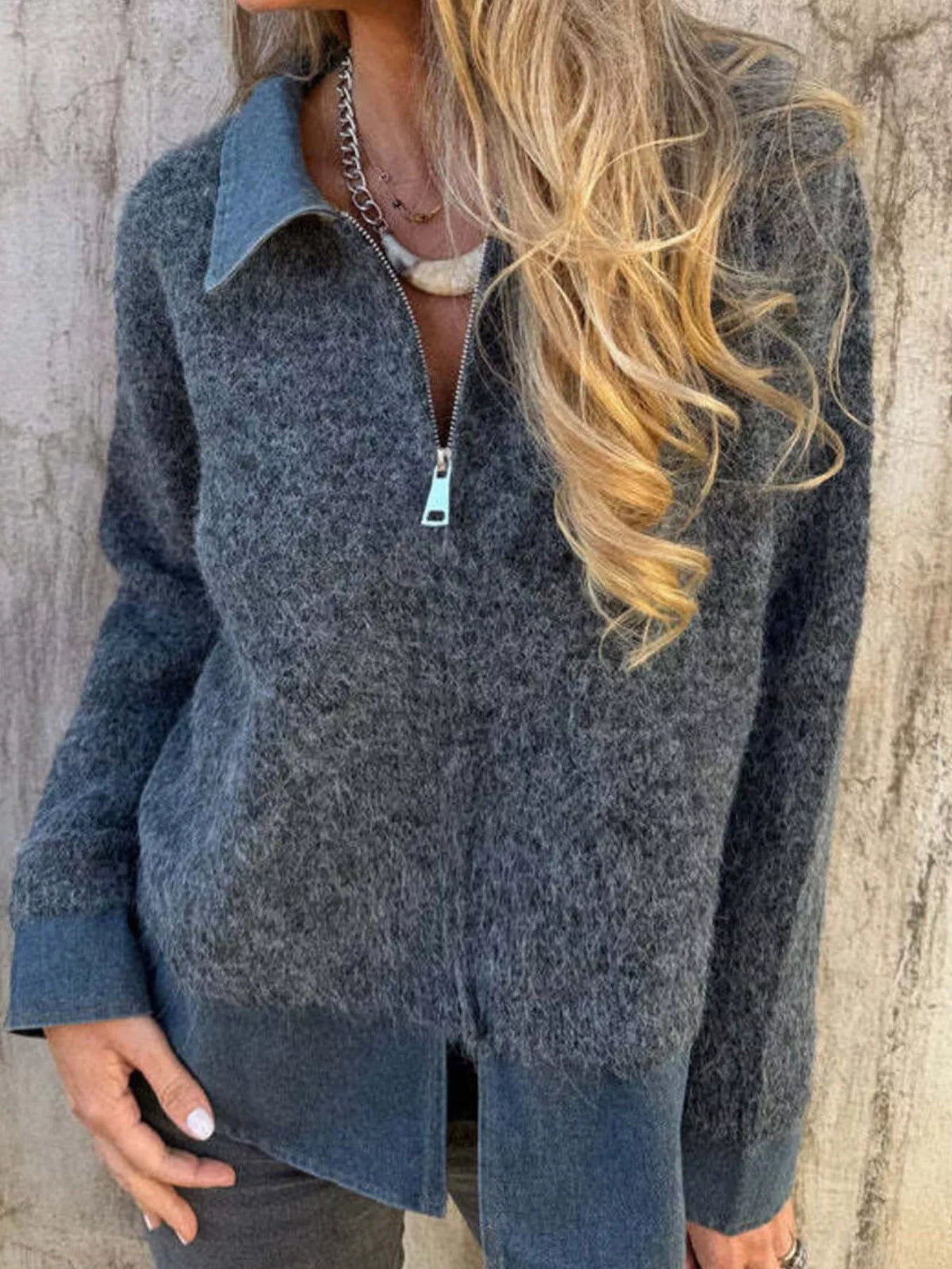Contrast Denim Collar Half-Zip Knit Sweater - Lilixa.store