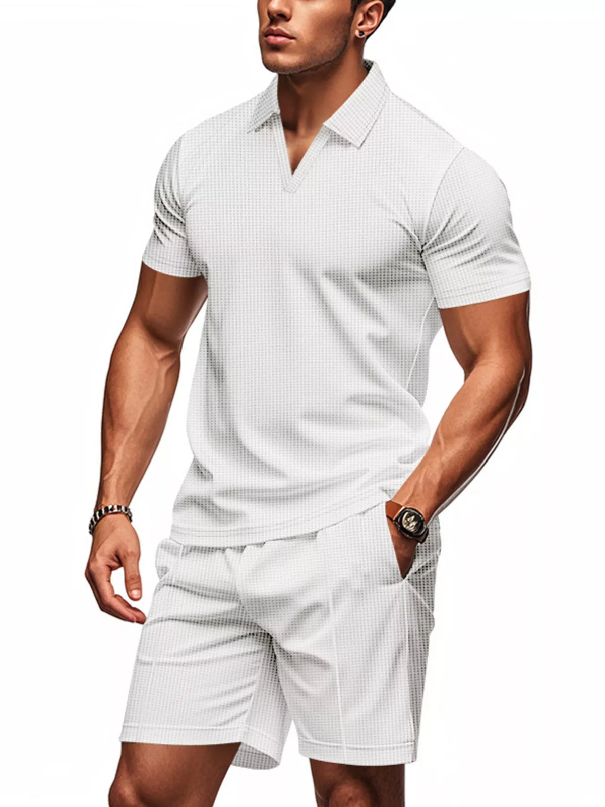 Men's Full Size Textured Short Sleeve Polo and Shorts Set Plus Size - Lilixa.store