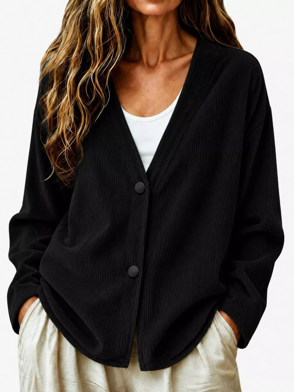 Casual Corduroy Button-Up Cardigan in Black